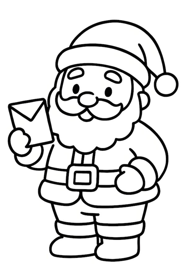 Santa Claus holding a letter, wearing a traditional suit with a belt and a soft cap