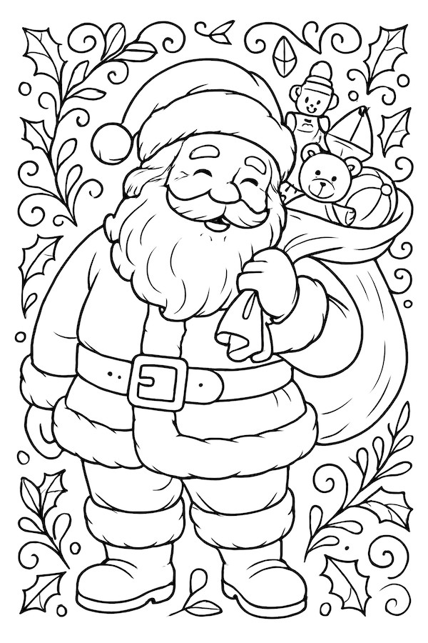 Santa Claus holding a toy bag filled with stuffed animals, including a teddy bear, surrounded by decorative swirls and leaves
