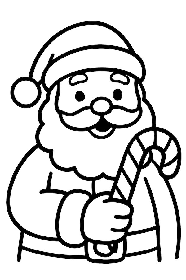 Santa Claus portrait holding a striped candy cane with a cheerful expression and fluffy beard