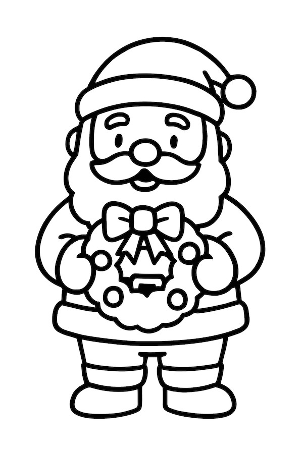 Coloring page of Santa Claus holding a small Christmas wreath adorned with a bow and holly berries