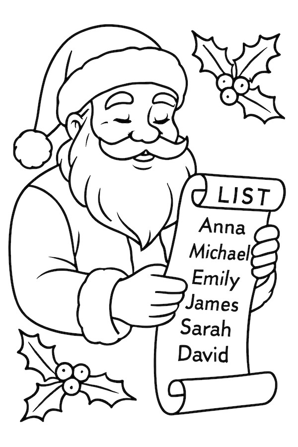 Santa Claus holding a scroll labeled 'LIST' with names visible and holly in the background