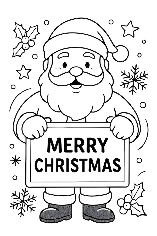 Coloring page of Santa Claus holding a sign that says 'Merry Christmas', surrounded by snowflakes and holly