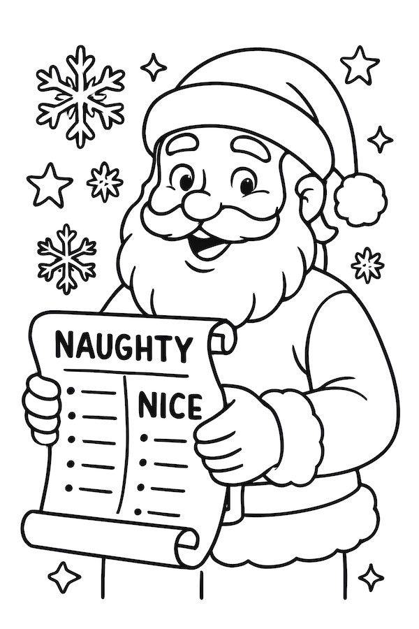 Coloring page of Santa Claus holding a scroll labeled 'Naughty' and 'Nice' with snowflakes and stars in the background
