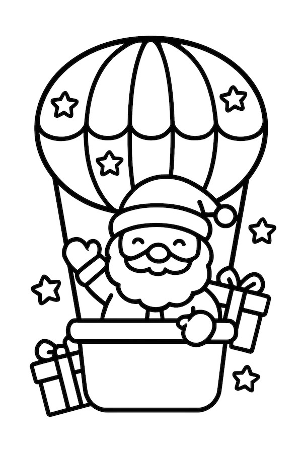 Santa smiling and waving from a hot-air balloon, surrounded by gift boxes and stars