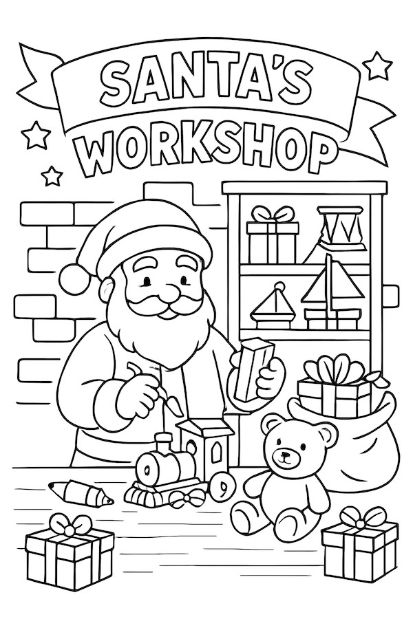 Coloring page of Santa Claus in his workshop crafting toys with gifts, a teddy bear, and a festive shelf full of presents