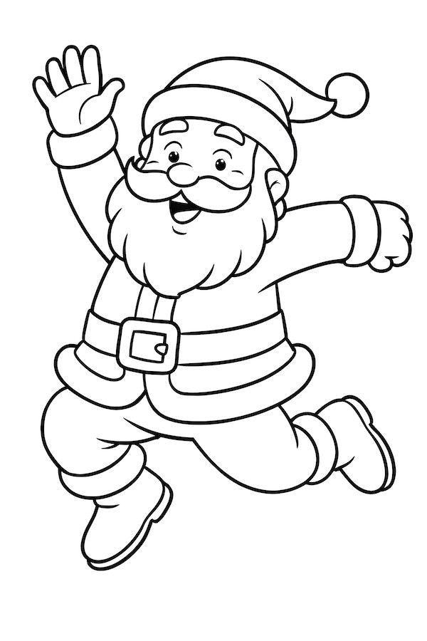 Coloring page of Santa Claus joyfully leaping mid-air, waving and wearing a traditional outfit with a belt and boots
