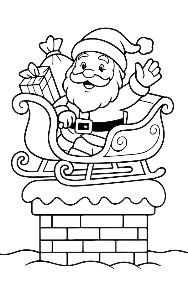 Coloring page of Santa Claus in a sleigh filled with gifts, waving from a chimney on a rooftop