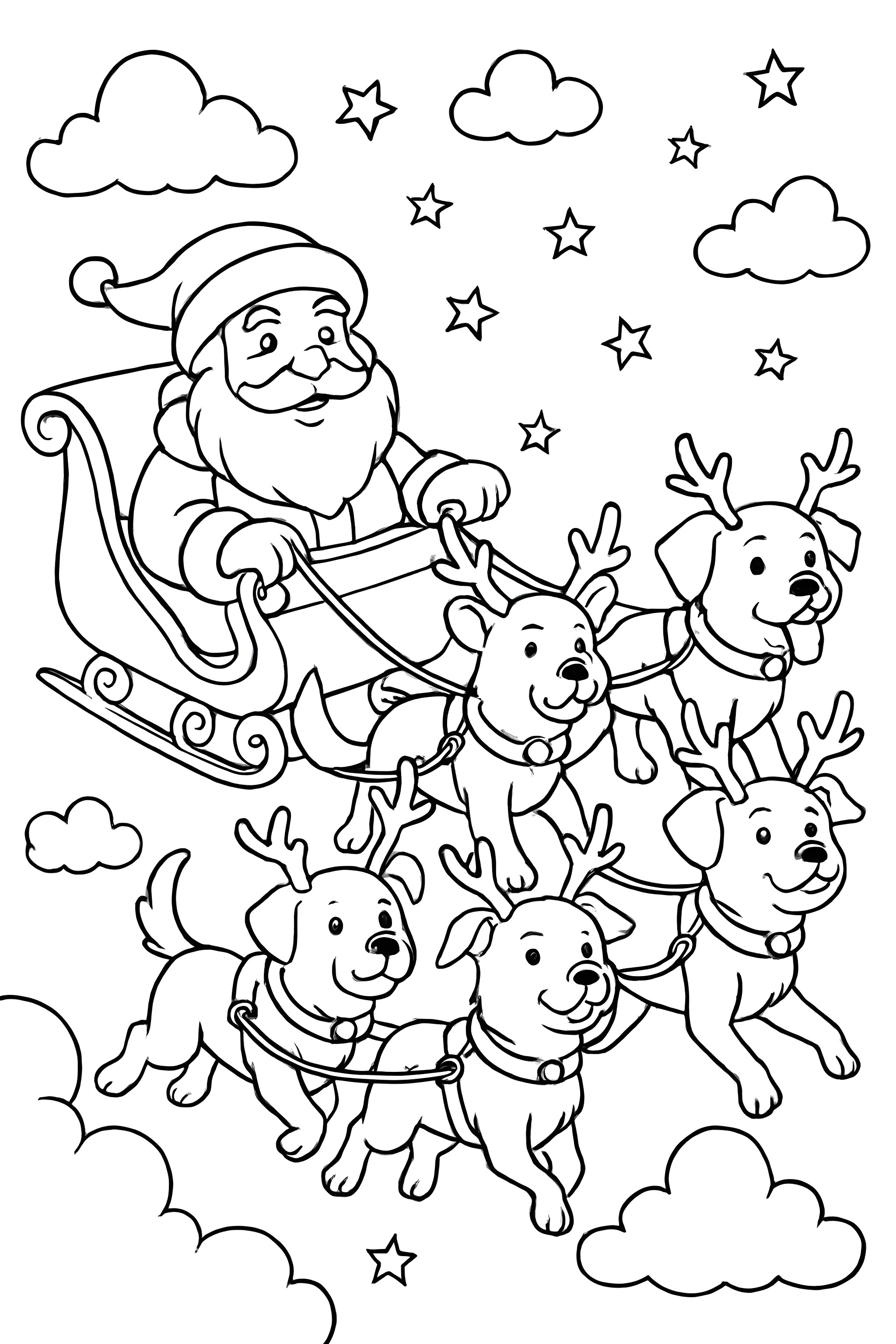 Coloring page featuring Santa in a sleigh pulled by dogs wearing reindeer antlers against a cloudy background with stars
