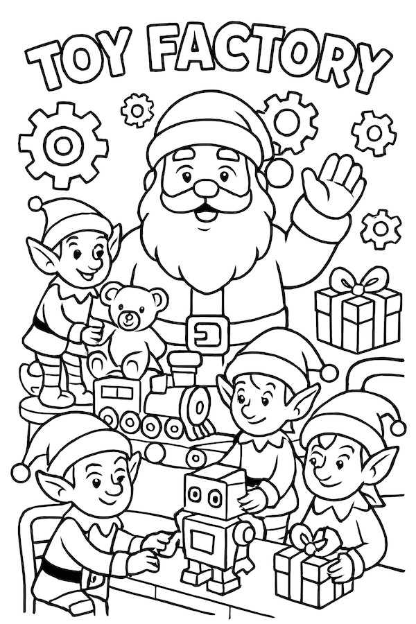 Coloring page featuring Santa Claus in a toy factory, surrounded by elves working on toys like a bear and a robot, with festive gifts in the background