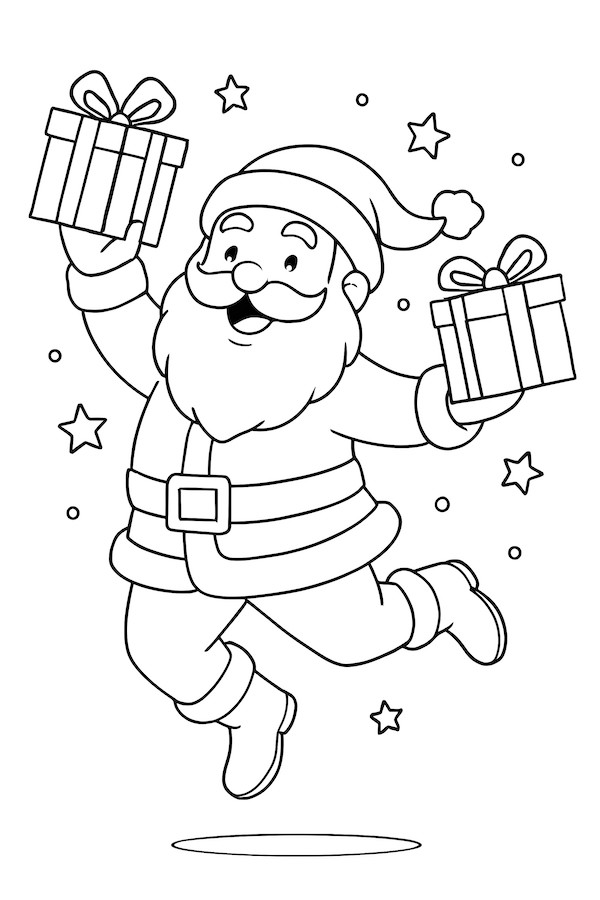 Santa Claus in mid-jump holding two gifts with a festive background of stars