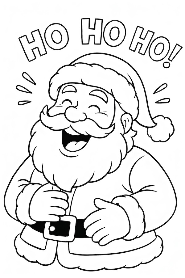 Coloring page of a laughing Santa Claus with a joyful expression and the text 'HO HO HO!' above