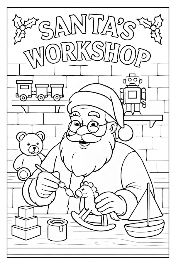 Coloring page of Santa Claus painting a toy dinosaur at a workshop with shelves of toys and a paintbrush