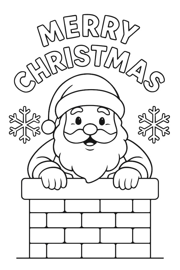 Coloring page of Santa Claus peeking out from a chimney with a hat and beard, under the text 'Merry Christmas' and snowflakes