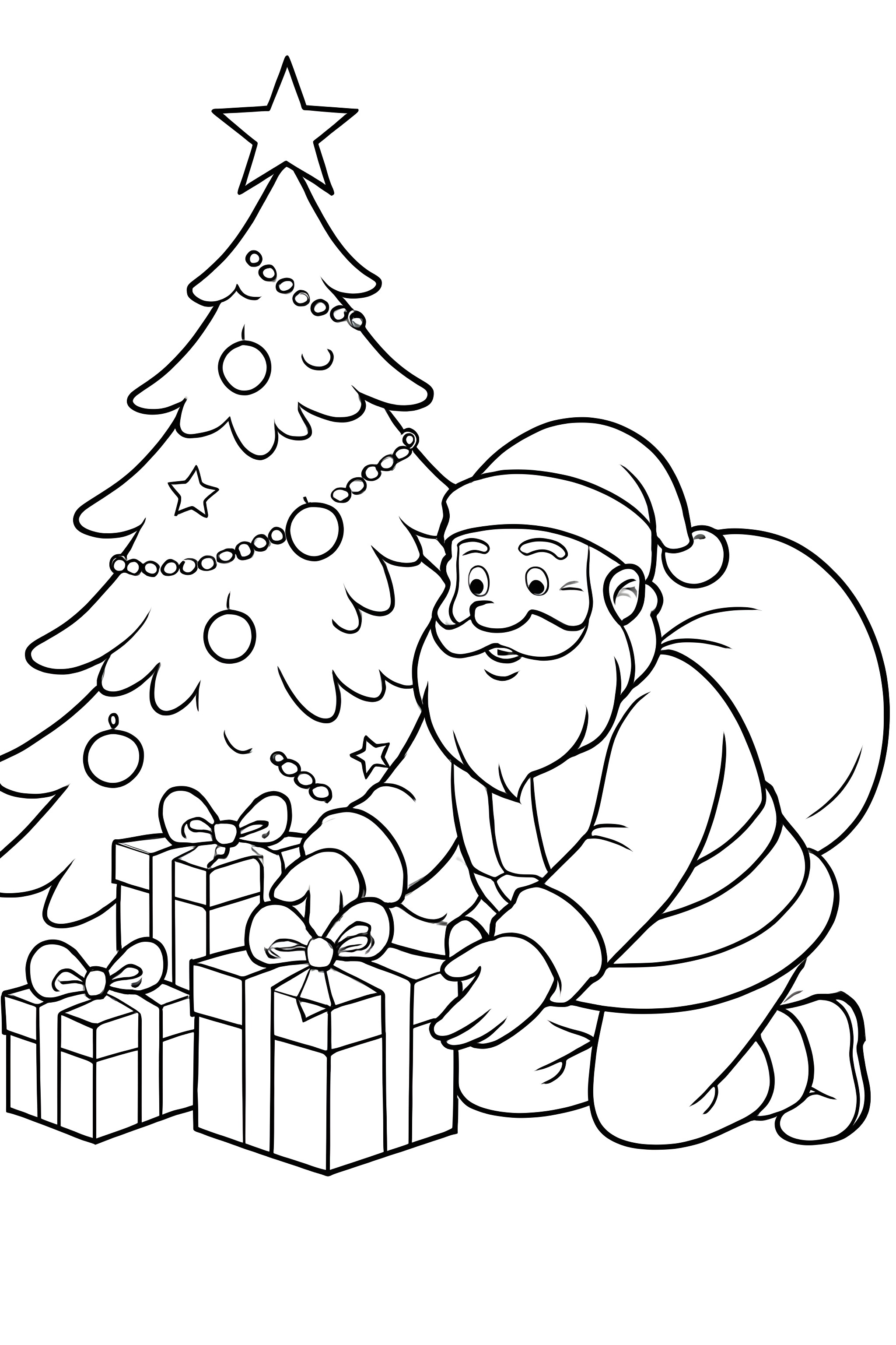 Coloring page of Santa Claus kneeling and placing wrapped presents under a decorated Christmas tree