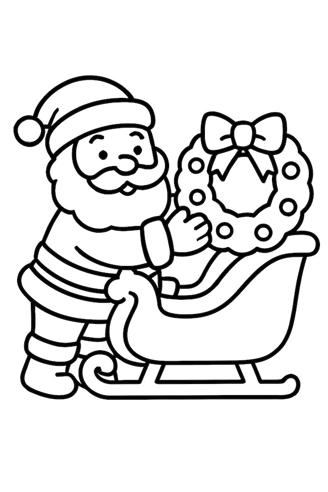Santa Claus placing a decorated wreath with a bow on a large sled