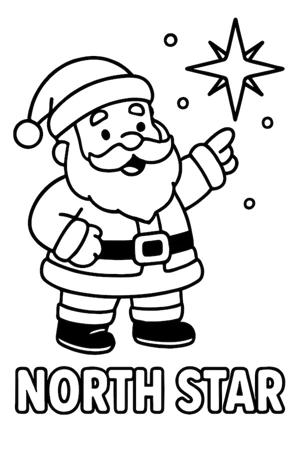 Coloring page of Santa Claus wearing a hat and pointing towards the North Star with snowflakes around