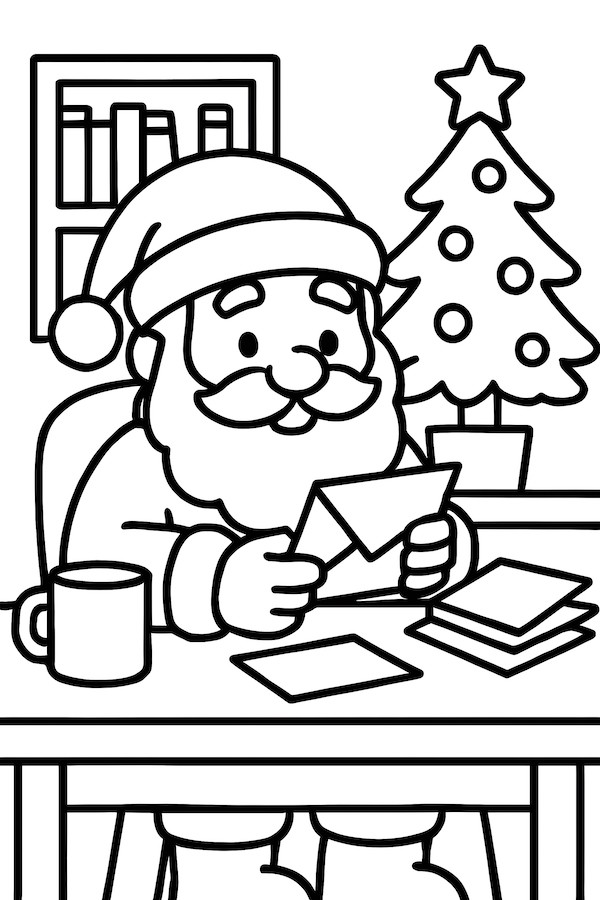 Santa holding a letter in his study, with a festive tree and books in the background