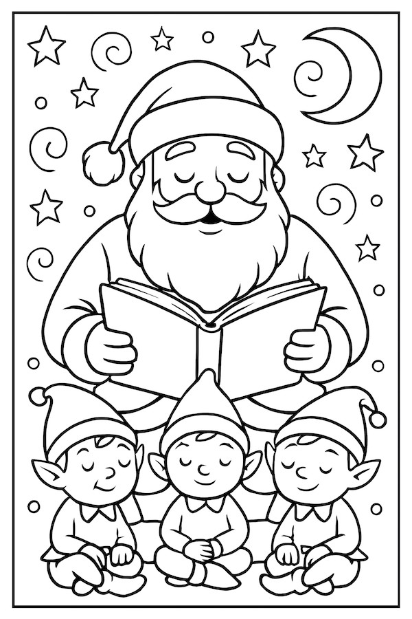 Santa Claus reading a bedtime story to three cheerful elves with pointed hats, surrounded by stars and a crescent moon
