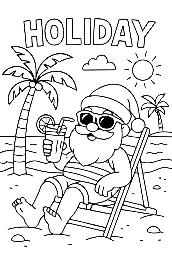 Santa lounging on a beach chair with sunglasses and a cocktail in hand, surrounded by palm trees and a sun