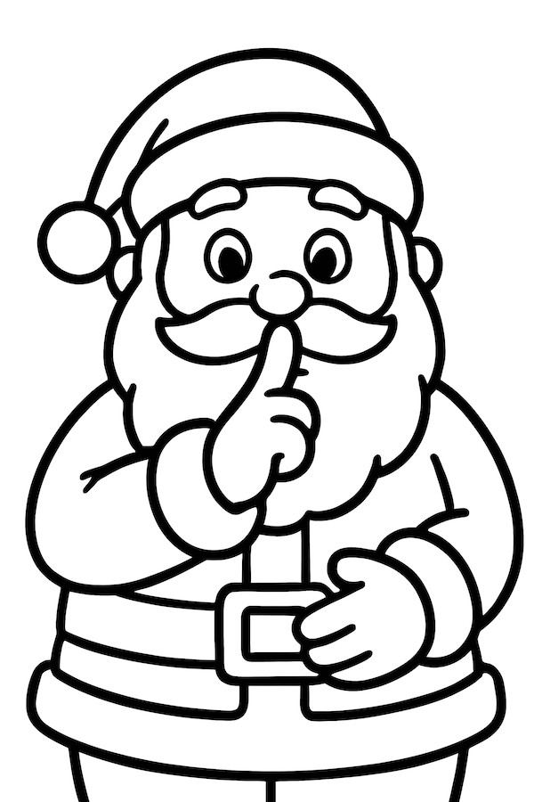 Coloring page of Santa Claus with a finger to his lips in a shushing gesture, wearing a traditional red suit and hat