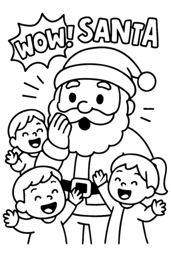 Coloring page of Santa Claus surprised by two joyful children who are excitedly waving while surrounded by the word 'WOW!'