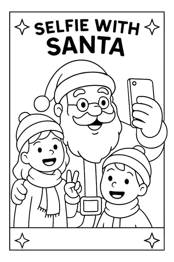 Coloring page of Santa taking a selfie with two smiling children, one making a peace sign, both wearing winter hats and scarves