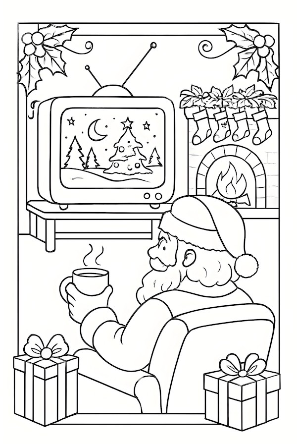 Coloring page of Santa sitting in a chair watching a Christmas movie on a vintage television with a fireplace and holiday decorations