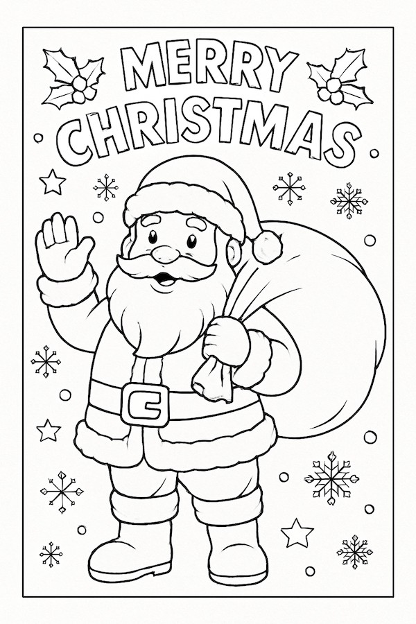 Coloring page of Santa Claus waving while holding a large bag of gifts, surrounded by snowflakes and holly leaves
