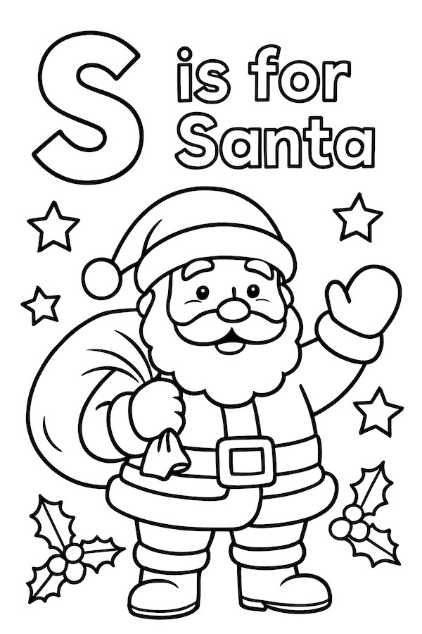 Santa Claus wearing a red suit and hat, waving with a sack of gifts, surrounded by stars
