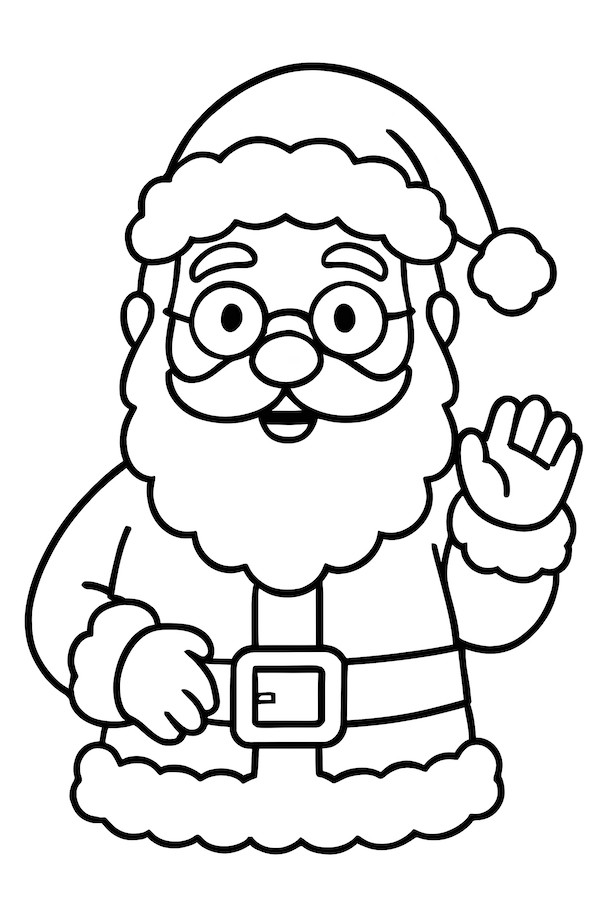 Coloring page of Santa Claus wearing glasses, a hat, and a fluffy coat while waving