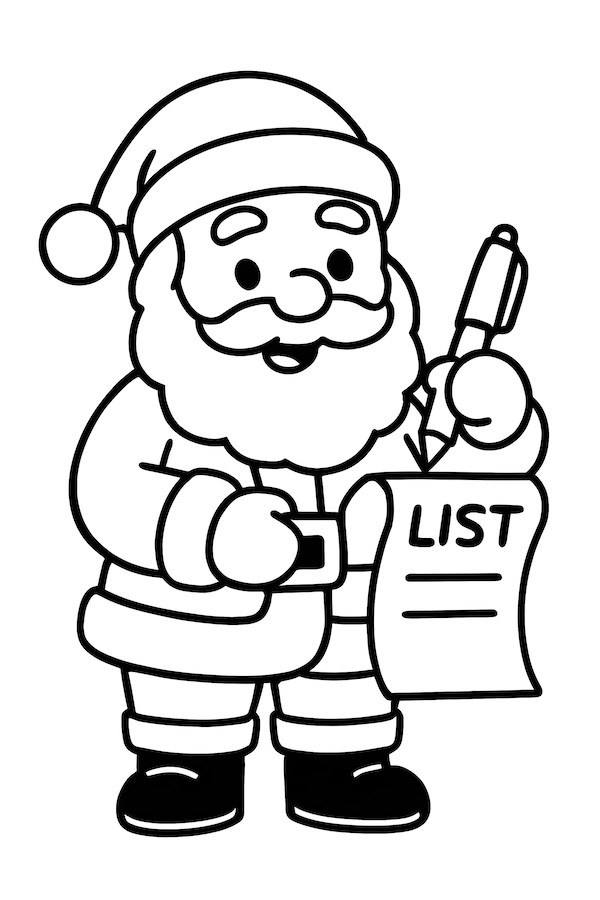 Santa holding a pen and a list labeled 'LIST', smiling and wearing his traditional outfit