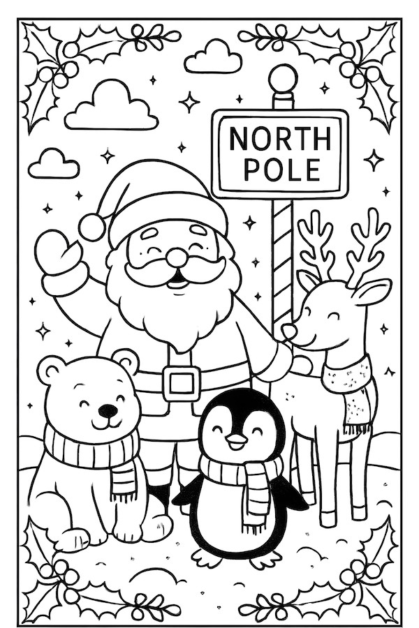 Coloring page featuring Santa Claus with a polar bear, penguin, and reindeer at the North Pole under a signpost.