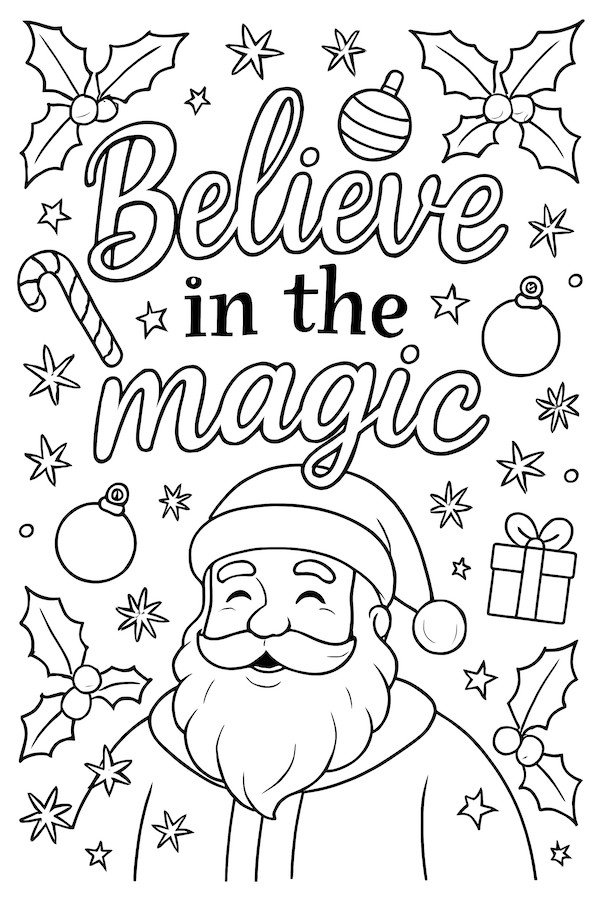 Santa Claus illustration with the text 'Believe in the magic,' featuring holly leaves, candy cane, ornaments, stars, and a gift box