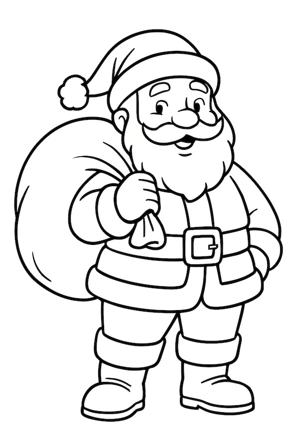 Coloring page of Santa Claus holding a large velvet sack with a smiling expression and detailed belt