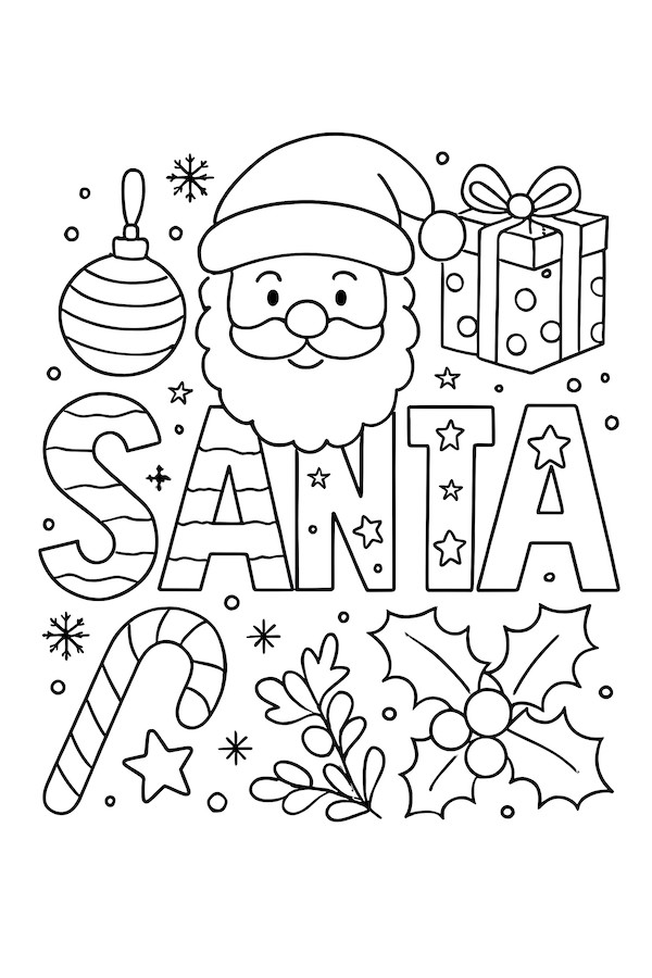 Coloring page featuring the word Santa adorned with Christmas motifs, including a Santa face, ornaments, candy cane, and holly leaves