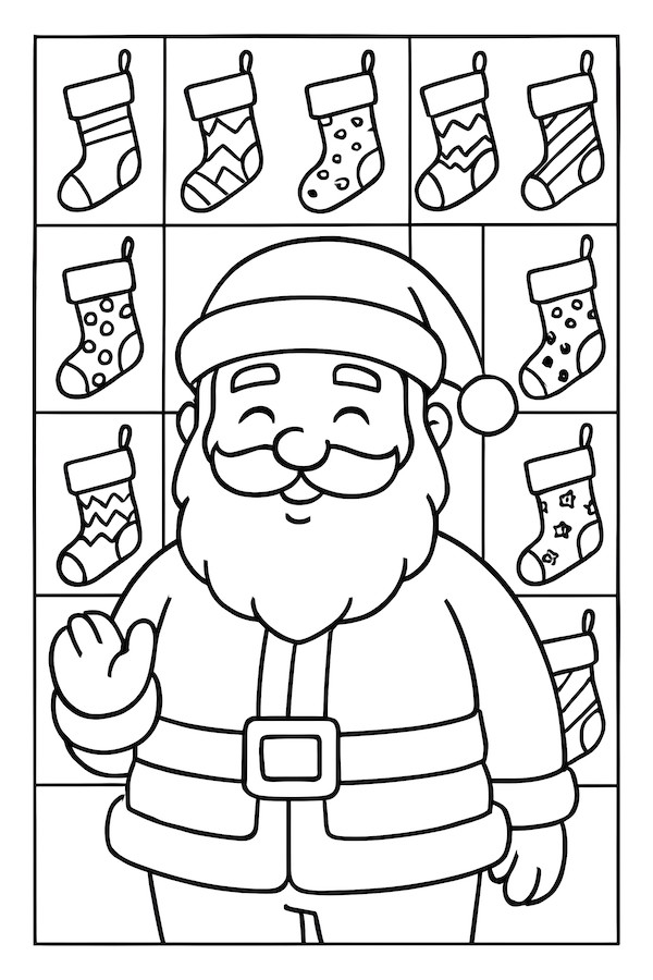 Coloring page featuring Santa Claus waving next to a grid of various Christmas stockings