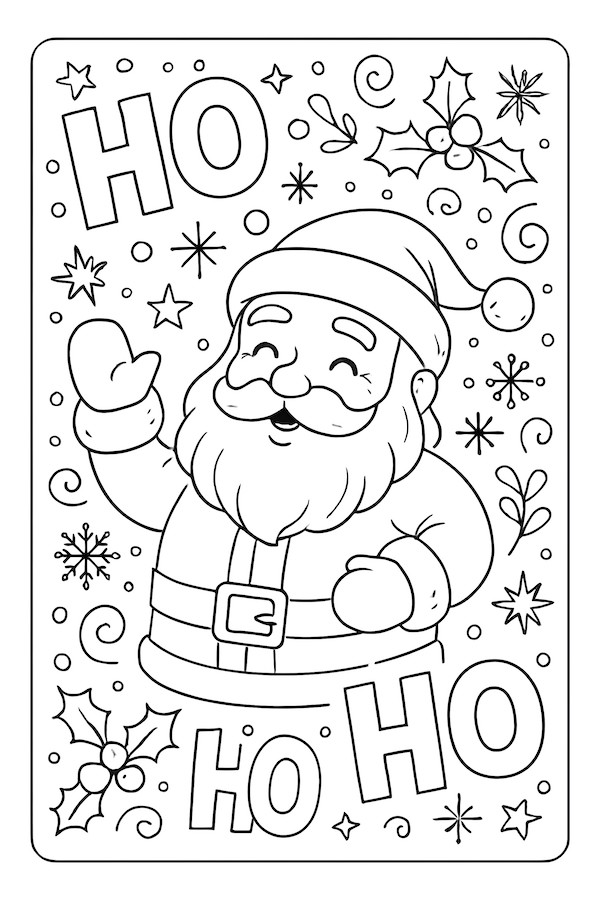 Coloring page of Santa Claus waving with 'Ho Ho Ho' text and festive decorations