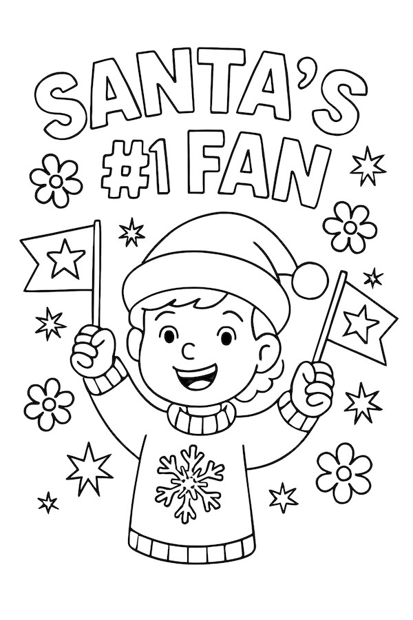 Coloring page of a cheerful child wearing a winter hat and sweater, holding two flags that say '#1 Fan' with stars and flowers in the background