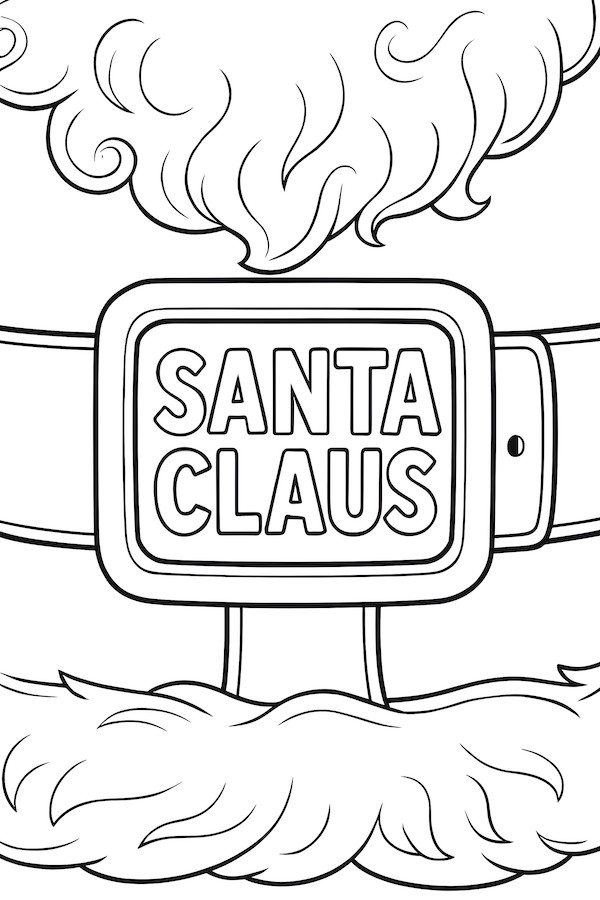 Close-up of Santa's belt buckle with 'SANTA CLAUS' text in bold letters