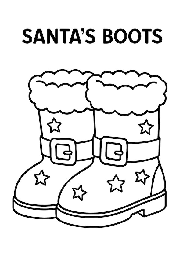 Coloring page of Santa's boots featuring a fluffy top and star decorations
