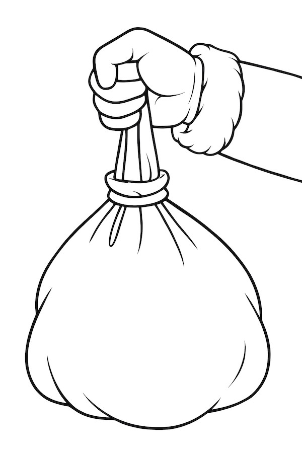 Coloring page of Santa's hand holding a tied gift bag with a fluffy cuff