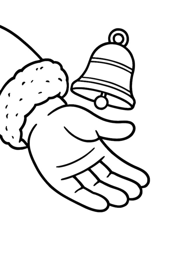 Coloring page of Santa's open hand holding a small bell with a bow and a fuzzy cuff