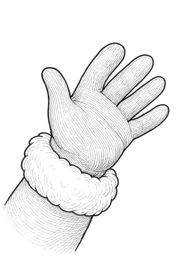 Coloring page of Santa's mittened hand reaching out with a fluffy white cuff