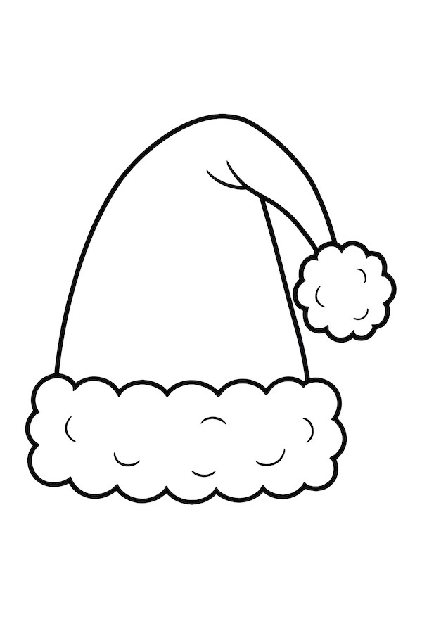 Coloring page of Santa's iconic red hat featuring a fluffy white pom-pom and soft white trim
