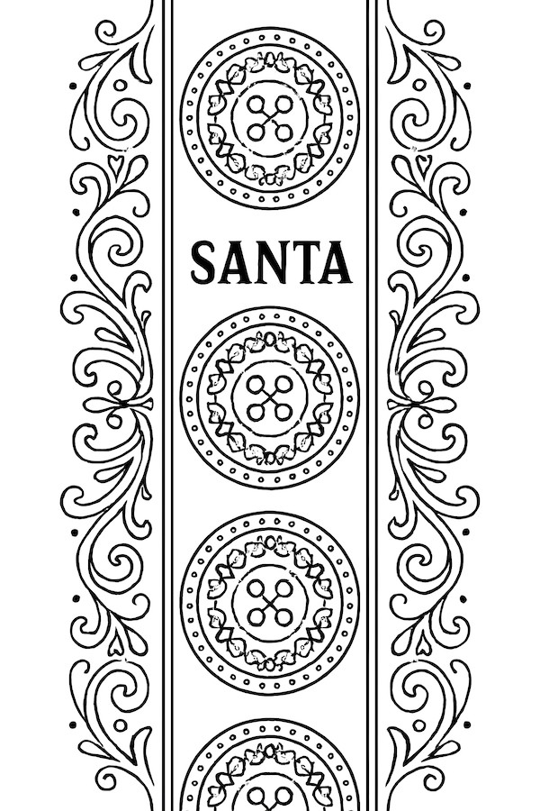 Coloring page featuring Santa's suit buttons adorned with decorative patterns and the word 'SANTA' prominently displayed above