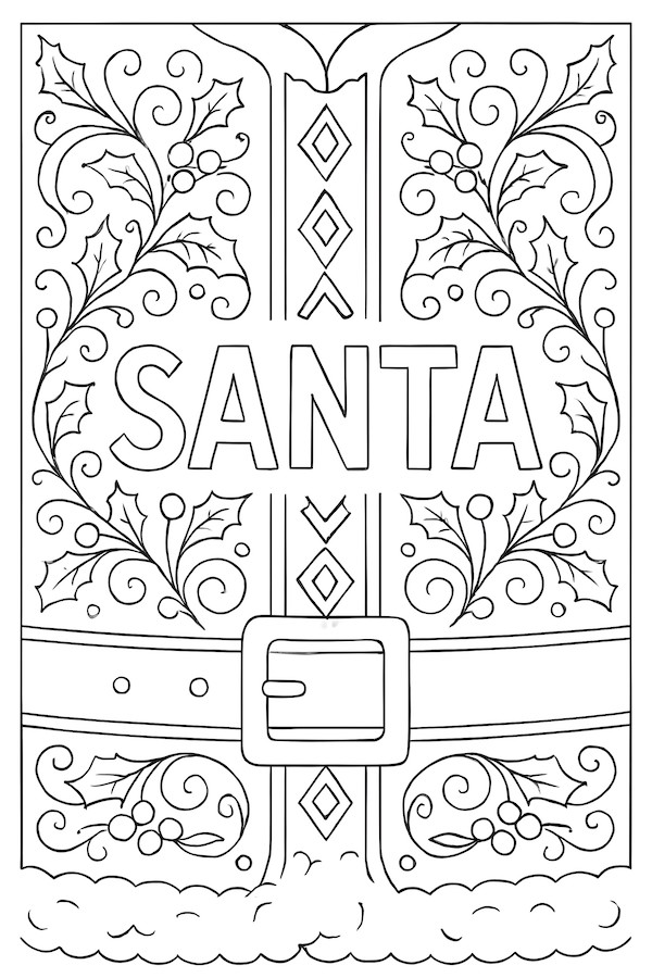 Coloring page of Santa's coat featuring ornate designs, holly leaves, and large lettering spelling 'SANTA'