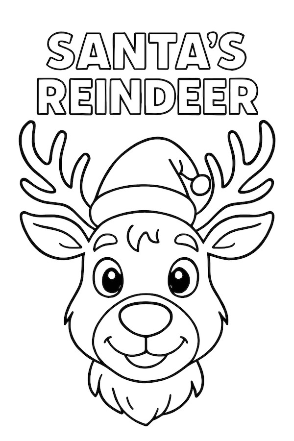 Coloring page of a reindeer's head wearing a Santa hat with large expressive eyes and antlers