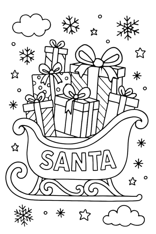 Coloring page of Santa's sleigh loaded with wrapped gifts and colorful bows, surrounded by snowflakes and clouds