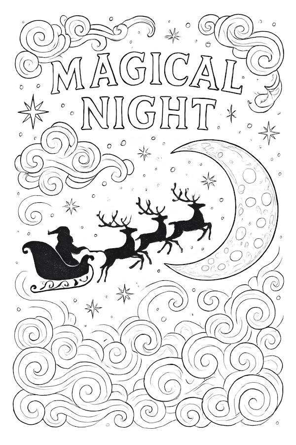 Coloring page featuring Santa in his sleigh pulled by reindeer against a moonlit night sky filled with swirls and stars