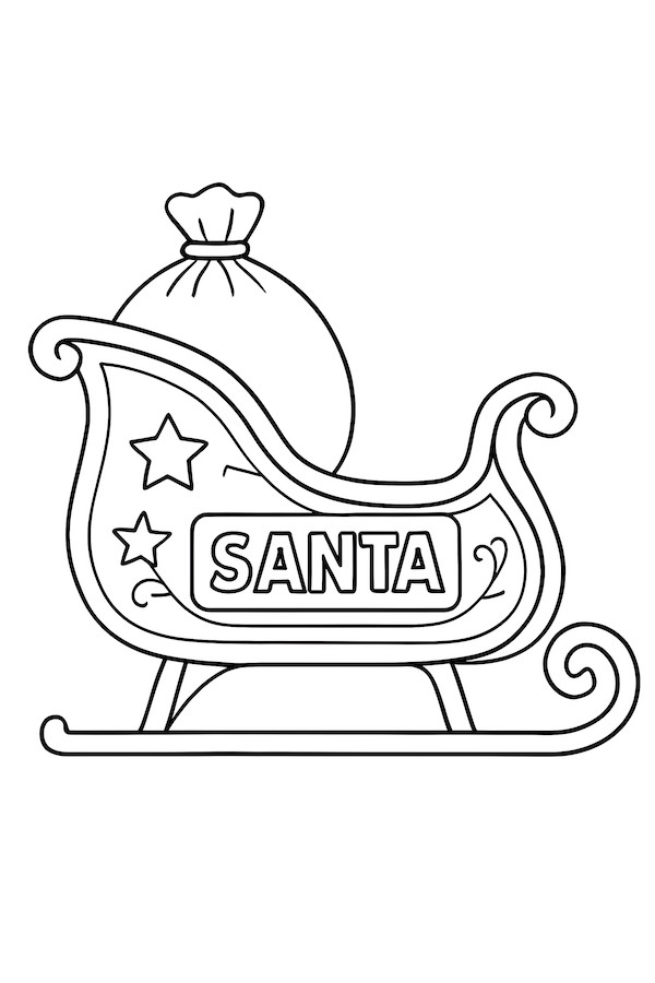 Coloring page of Santa's sleigh featuring a large bag and decorative stars